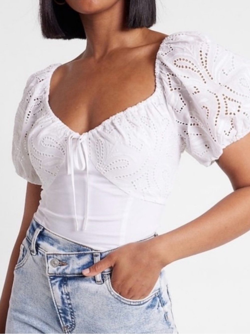 Express White Eyelet Puff-Sleeve Bodysuit XL Cottagecore Coquette Lightweight